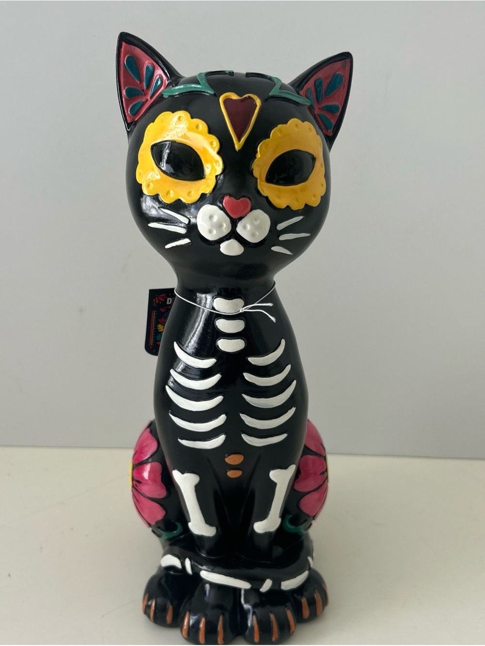Day of the Dead Black Decorative Cat Figurine - Colorful Skeleton Design 13.5”